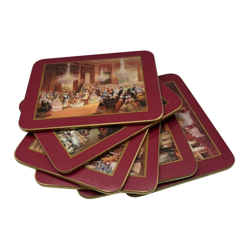 Buckingham Palace Costume Ball Coasters Set 6 Red Gold Royal History Boxed 2005